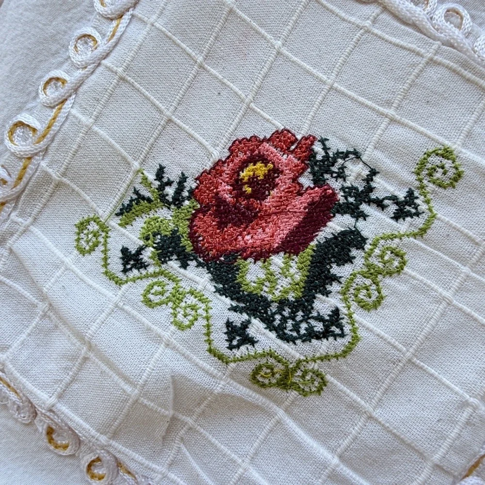Vintage Embroidered Floral Tassel Pillow Covers Cream Cotton Set of 2 14x14